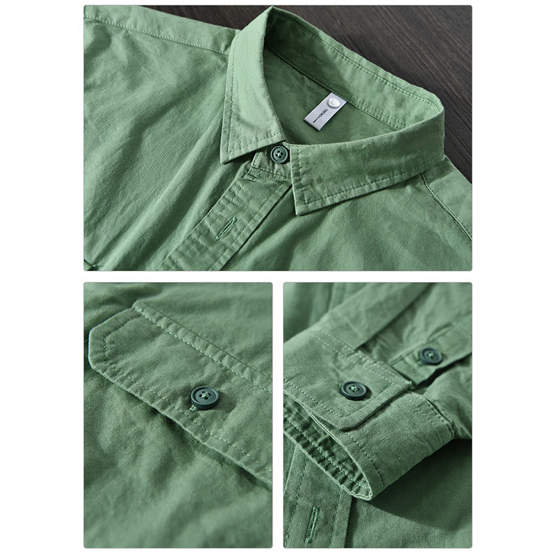 Buddha Stones Herren Langarm Umlegekragen mit Tasche Reine Farbe Lässiges Baumwollhemd - image 10