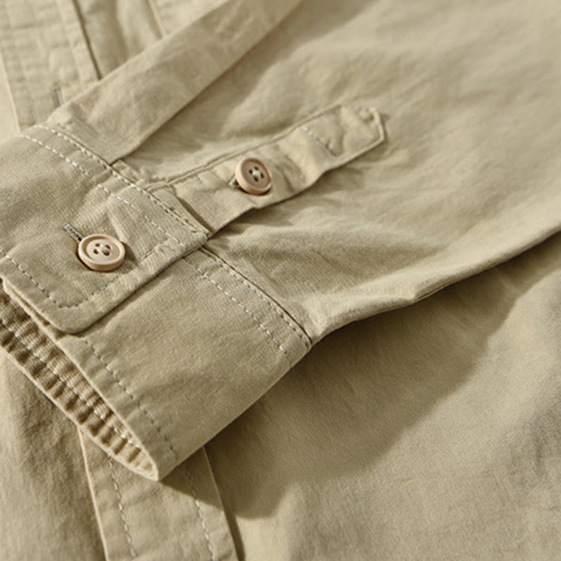 Buddha Stones Herren Langarm Umlegekragen mit Tasche Reine Farbe Lässiges Baumwollhemd - image 6