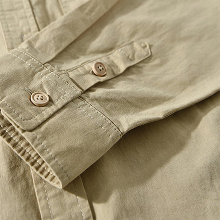 Buddha Stones Herren Langarm Umlegekragen mit Tasche Reine Farbe Lässiges Baumwollhemd - image 6