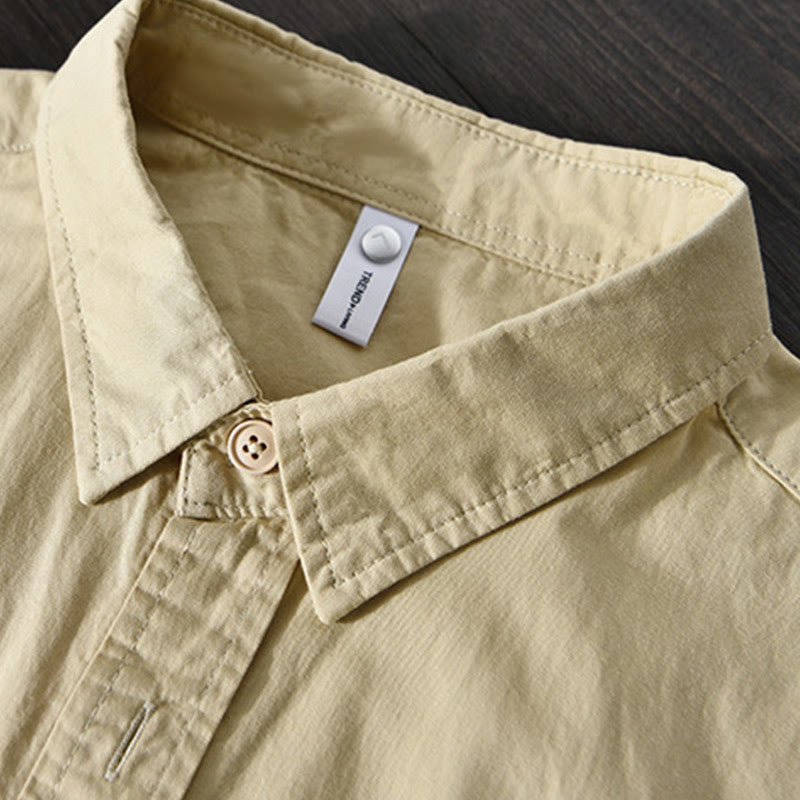 Buddha Stones Herren Langarm Umlegekragen mit Tasche Reine Farbe Lässiges Baumwollhemd - image 3