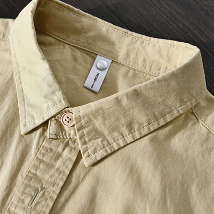 Buddha Stones Herren Langarm Umlegekragen mit Tasche Reine Farbe Lässiges Baumwollhemd - image 3