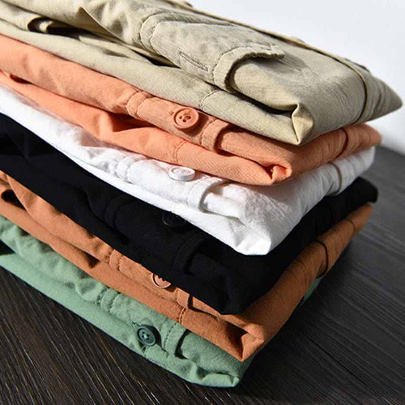 Buddha Stones Herren Langarm Umlegekragen mit Tasche Reine Farbe Lässiges Baumwollhemd - image 19