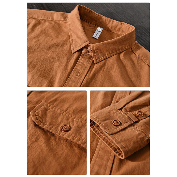 Buddha Stones Herren Langarm Umlegekragen mit Tasche Reine Farbe Lässiges Baumwollhemd - image 14