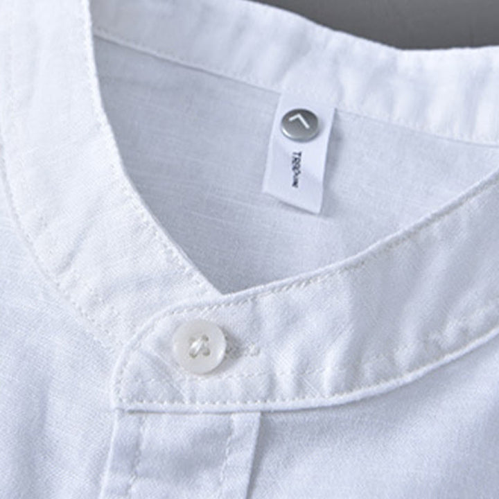 Buddha Stones Herren Langarm Stehkragen mit Tasche Reine Farbe Lässiges Baumwollleinenhemd - image 6