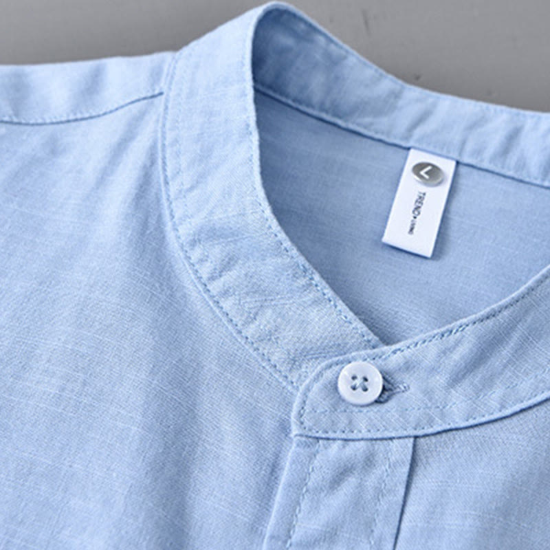 Buddha Stones Herren Langarm Stehkragen mit Tasche Reine Farbe Lässiges Baumwollleinenhemd - image 12