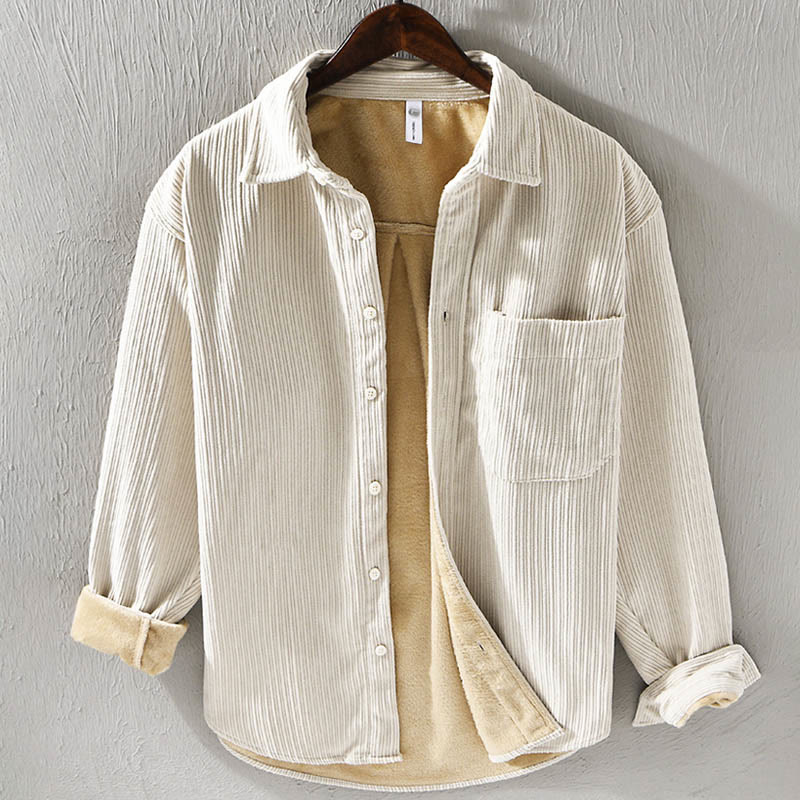 Buddha Stones Herren Langarm Umlegekragen mit Tasche Cord Bequemes Hemd - Beige - US/ UK/AU42，EU52 (3XL) - image 0