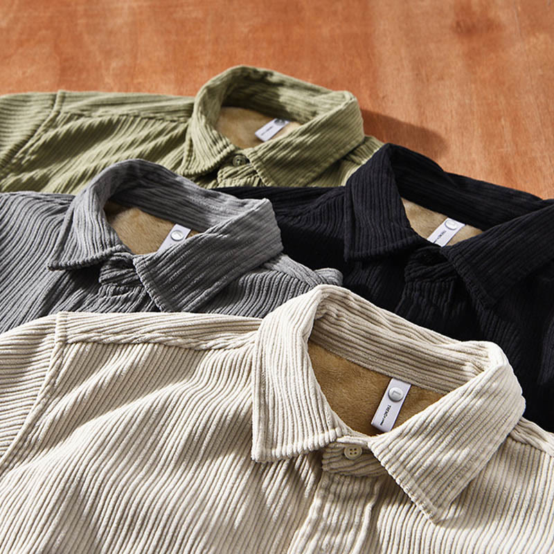 Buddha Stones Herren Langarm Umlegekragen mit Tasche Cord Bequemes Hemd - image 1