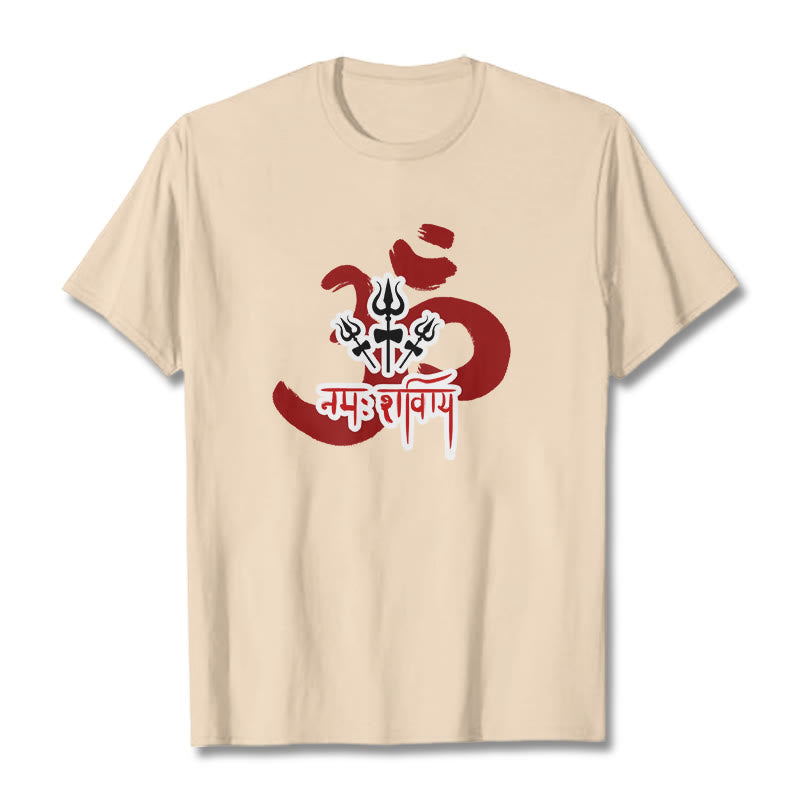 Buddha Stones ​​OM NAMAH SHIVAYA Drei kleine Dreizacke Baumwolle T-Shirt - Bisque - 2XL - image 1