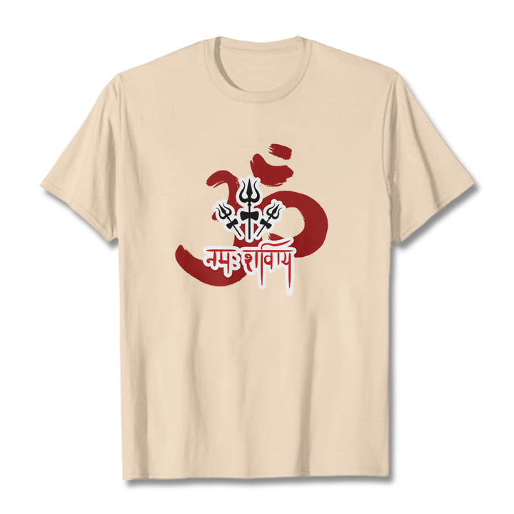 Buddha Stones ​​OM NAMAH SHIVAYA Drei kleine Dreizacke Baumwolle T-Shirt - Bisque - 2XL - image 1