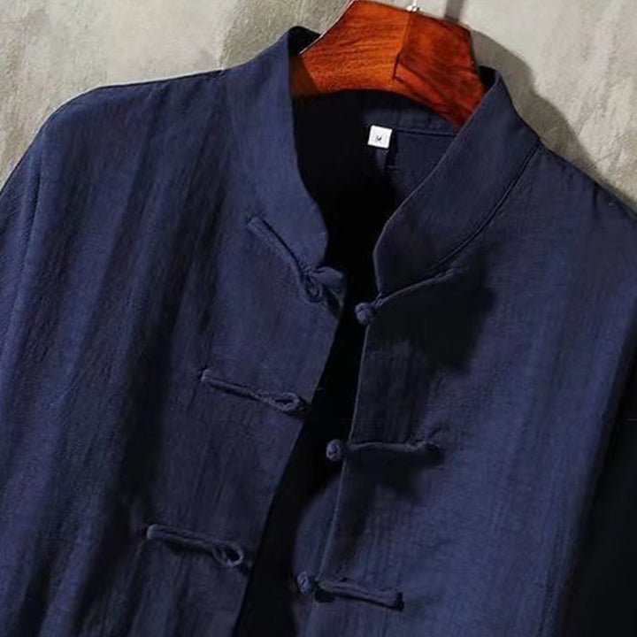 Buddha Stones Herren Tang Langarmhemd Froschknopf mit Tasche Stehkragen Komfort Leinenhemd - image 9