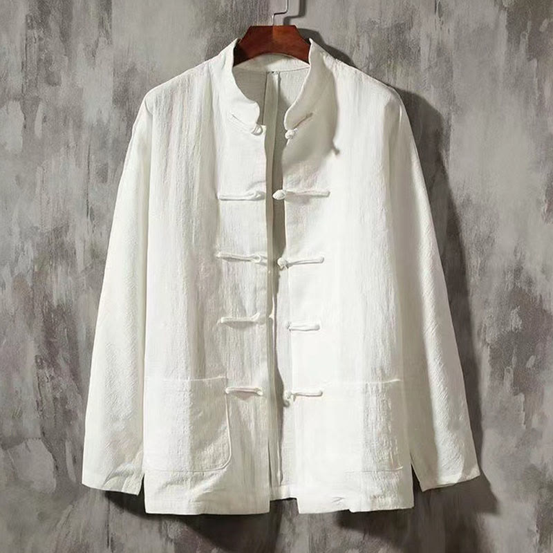 Buddha Stones Herren Tang Langarmhemd Froschknopf mit Tasche Stehkragen Komfort Leinenhemd - Weiß - US/ UK/AU46, EU56 (5XL) - image 0