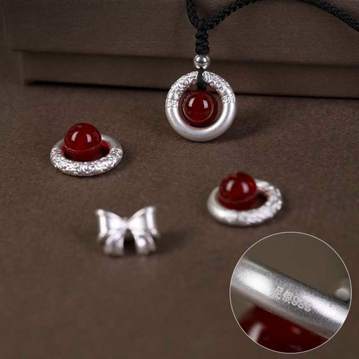 Buddha Stones 999 Sterling Silber Roter Achat Peace Schnalle Segen Halskette Anhänger