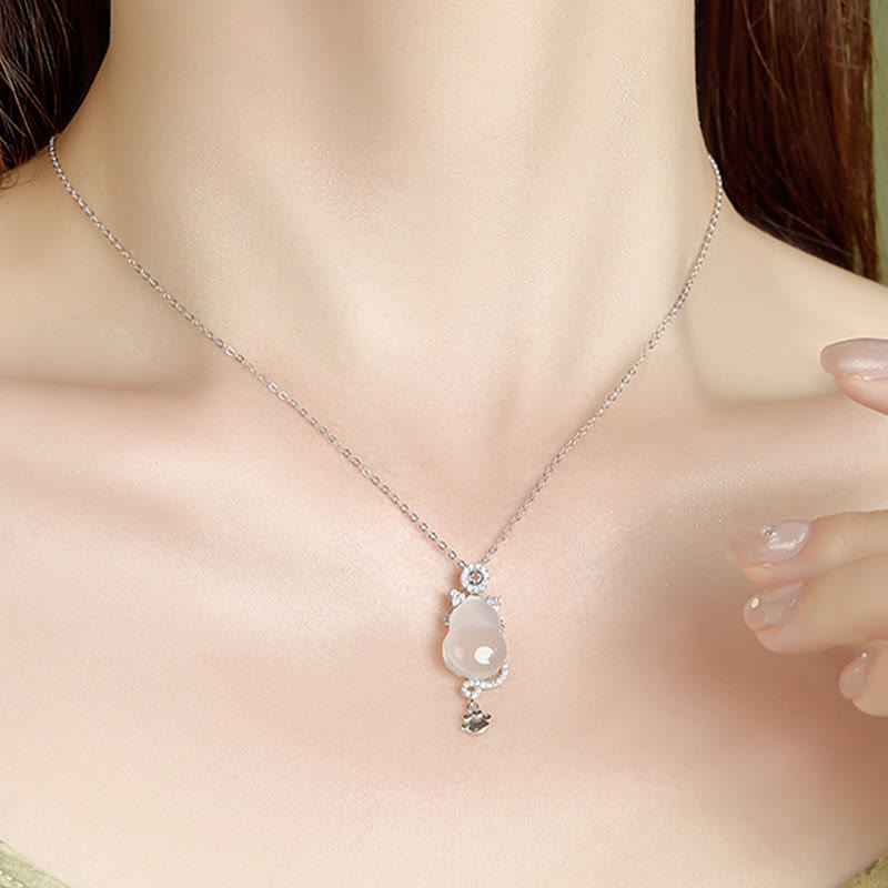 Buddha Stones Halskettenanhänger, 925er Sterlingsilber, vergoldet, 14 Karat Gold, weißer Jade, Kürbis, Katze, Schutz - image 4