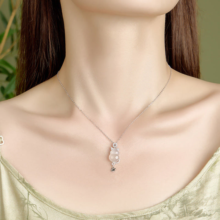 Buddha Stones Halskettenanhänger, 925er Sterlingsilber, vergoldet, 14 Karat Gold, weißer Jade, Kürbis, Katze, Schutz - image 3