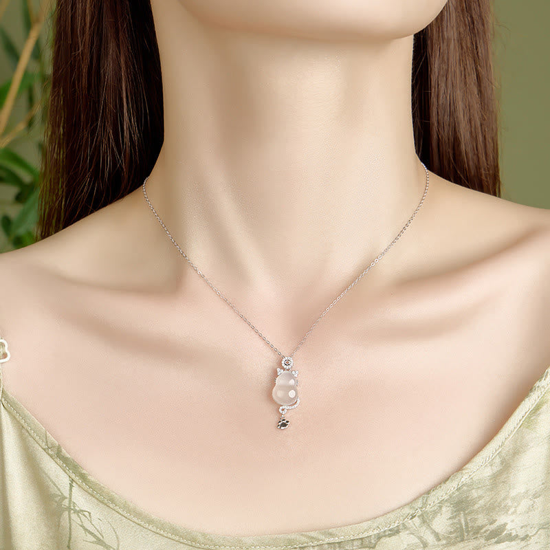 Buddha Stones Halskettenanhänger, 925er Sterlingsilber, vergoldet, 14 Karat Gold, weißer Jade, Kürbis, Katze, Schutz - image 3