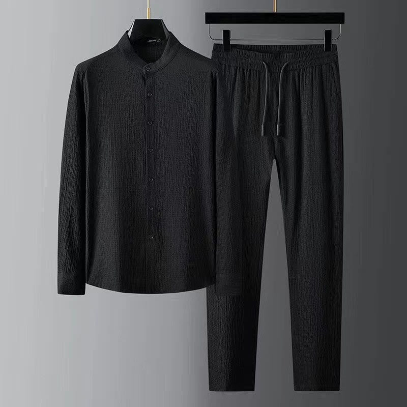 Buddha Stones Pure Color Langarmshirt Hosen Kleidung Herren Set - Schwarz - US/UK/AU44, EU54 (4XL) - image 0