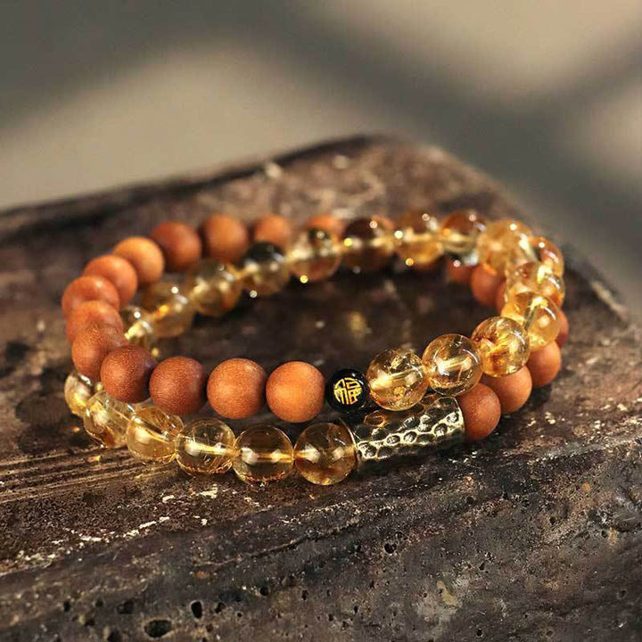 Buddha Stones, Citrin, Sandelholz, Bodhi-Samen-Schutz, doppelt gewickeltes Armband