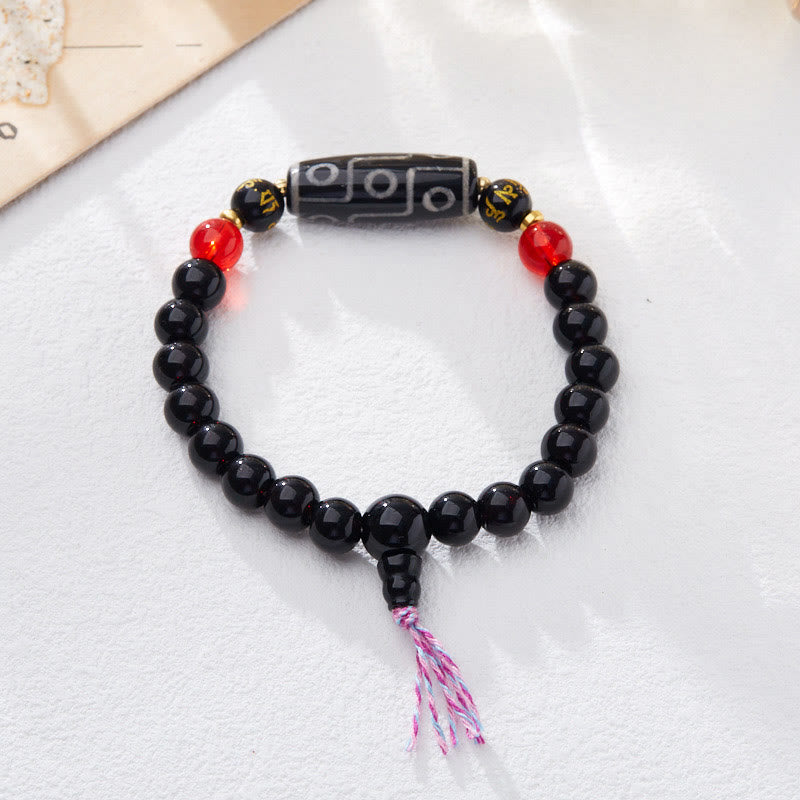 Buddha Stones Tibetisches Neunaugen-Dzi-Perlen-Armband mit schwarzem Onyx und sechs wahren Worten zum Schutz des Reichtums