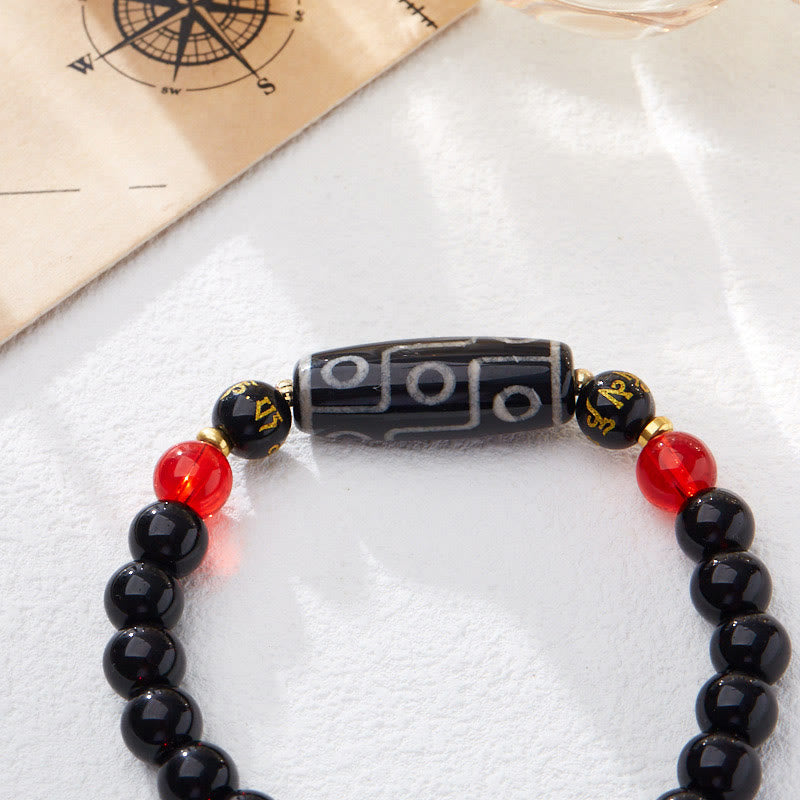 Buddha Stones Tibetisches Neunaugen-Dzi-Perlen-Armband mit schwarzem Onyx und sechs wahren Worten zum Schutz des Reichtums