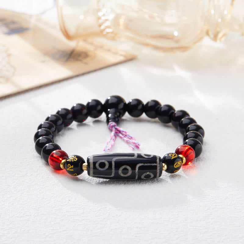 Buddha Stones Tibetisches Neunaugen-Dzi-Perlen-Armband mit schwarzem Onyx und sechs wahren Worten zum Schutz des Reichtums