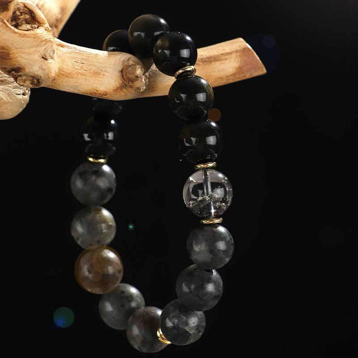 Armband zum Schutz des Reichtums mit Buddha Stones aus 925er Sterlingsilber, schwarzer Onyx, Goldglanz, Obsidian, Lavastein, Tigerauge, Sechs wahre Worte