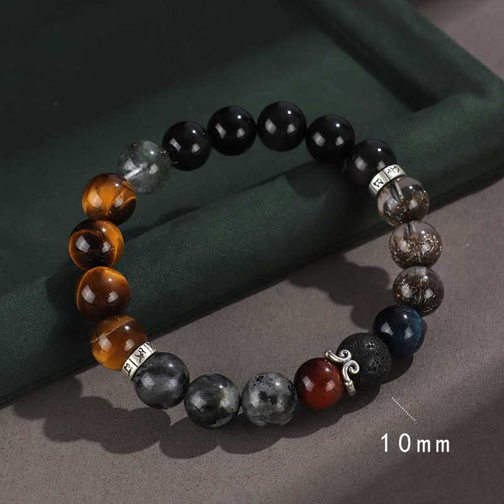 Armband zum Schutz des Reichtums mit Buddha Stones aus 925er Sterlingsilber, schwarzer Onyx, Goldglanz, Obsidian, Lavastein, Tigerauge, Sechs wahre Worte