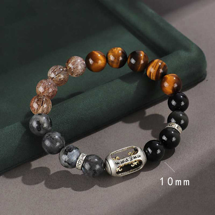 Armband zum Schutz des Reichtums mit Buddha Stones aus 925er Sterlingsilber, schwarzer Onyx, Goldglanz, Obsidian, Lavastein, Tigerauge, Sechs wahre Worte