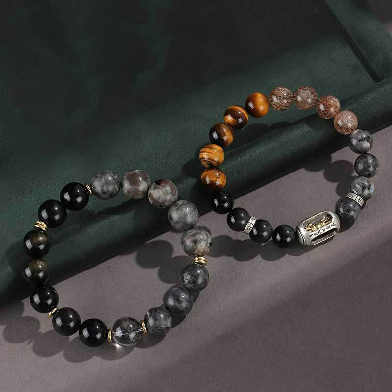 Armband zum Schutz des Reichtums mit Buddha Stones aus 925er Sterlingsilber, schwarzer Onyx, Goldglanz, Obsidian, Lavastein, Tigerauge, Sechs wahre Worte