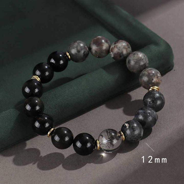 Armband zum Schutz des Reichtums mit Buddha Stones aus 925er Sterlingsilber, schwarzer Onyx, Goldglanz, Obsidian, Lavastein, Tigerauge, Sechs wahre Worte