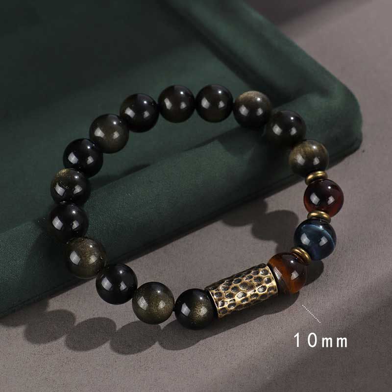 Armband zum Schutz des Reichtums mit Buddha Stones aus 925er Sterlingsilber, schwarzer Onyx, Goldglanz, Obsidian, Lavastein, Tigerauge, Sechs wahre Worte