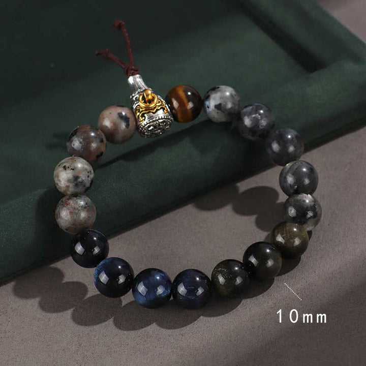 Armband zum Schutz des Reichtums mit Buddha Stones aus 925er Sterlingsilber, schwarzer Onyx, Goldglanz, Obsidian, Lavastein, Tigerauge, Sechs wahre Worte