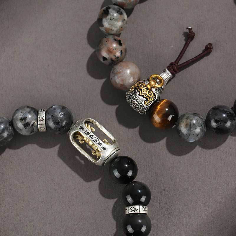 Armband zum Schutz des Reichtums mit Buddha Stones aus 925er Sterlingsilber, schwarzer Onyx, Goldglanz, Obsidian, Lavastein, Tigerauge, Sechs wahre Worte