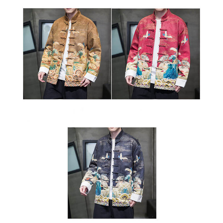 Buddha Stones, Frosch-Knopf, chinesischer Tang-Anzug, Kranich-Charakter, langes Hemd, Baumwolle, Wildleder, Herrenjacke, Kleidung - image 28