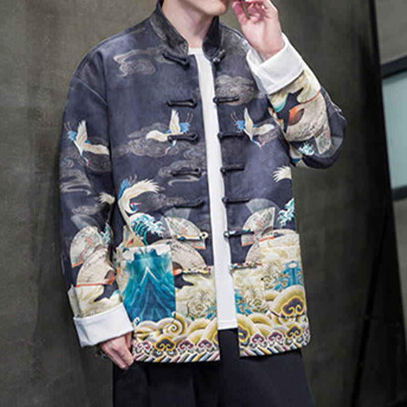 Buddha Stones, Frosch-Knopf, chinesischer Tang-Anzug, Kranich-Charakter, langes Hemd, Baumwolle, Wildleder, Herrenjacke, Kleidung - image 11