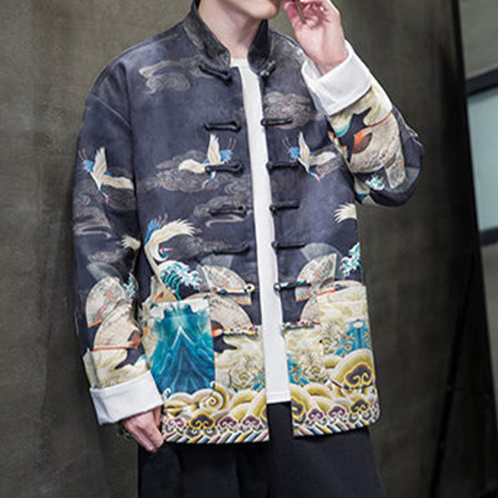 Buddha Stones, Frosch-Knopf, chinesischer Tang-Anzug, Kranich-Charakter, langes Hemd, Baumwolle, Wildleder, Herrenjacke, Kleidung - image 11