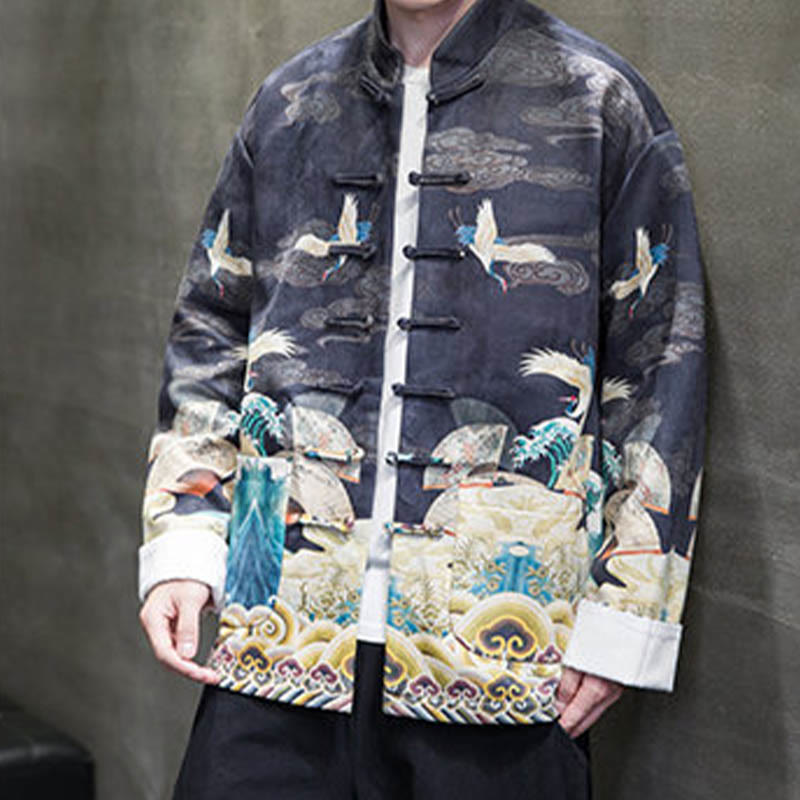 Buddha Stones, Frosch-Knopf, chinesischer Tang-Anzug, Kranich-Charakter, langes Hemd, Baumwolle, Wildleder, Herrenjacke, Kleidung - image 9