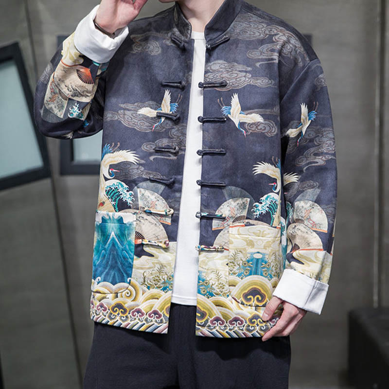 Buddha Stones, Frosch-Knopf, chinesischer Tang-Anzug, Kranich-Charakter, langes Hemd, Baumwolle, Wildleder, Herrenjacke, Kleidung - Mitternachtsblau - US/ UK/AU46, EU56 (5XL) - image 8