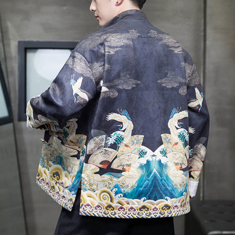 Buddha Stones, Frosch-Knopf, chinesischer Tang-Anzug, Kranich-Charakter, langes Hemd, Baumwolle, Wildleder, Herrenjacke, Kleidung - image 10