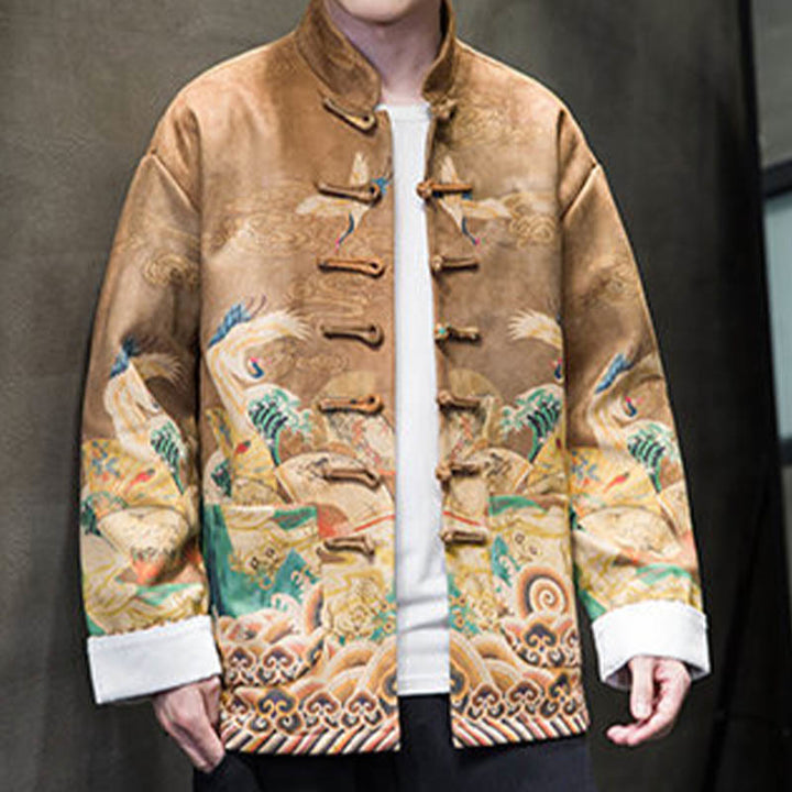 Buddha Stones, Frosch-Knopf, chinesischer Tang-Anzug, Kranich-Charakter, langes Hemd, Baumwolle, Wildleder, Herrenjacke, Kleidung - image 7