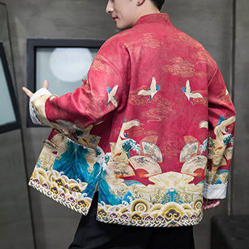 Buddha Stones, Frosch-Knopf, chinesischer Tang-Anzug, Kranich-Charakter, langes Hemd, Baumwolle, Wildleder, Herrenjacke, Kleidung - image 18