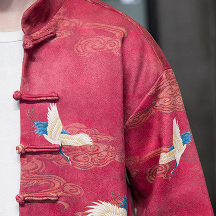 Buddha Stones, Frosch-Knopf, chinesischer Tang-Anzug, Kranich-Charakter, langes Hemd, Baumwolle, Wildleder, Herrenjacke, Kleidung - image 24