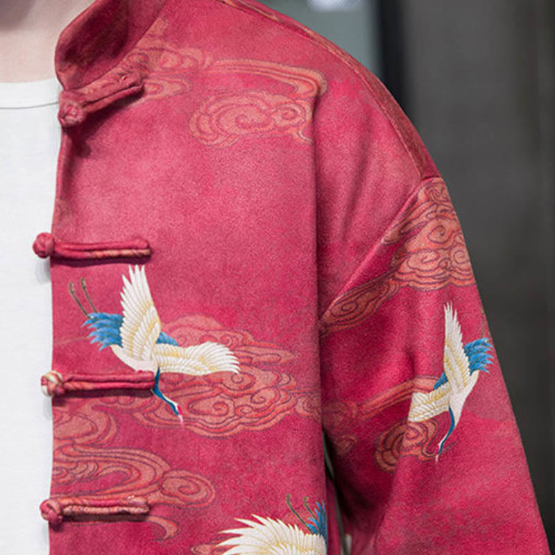 Buddha Stones, Frosch-Knopf, chinesischer Tang-Anzug, Kranich-Charakter, langes Hemd, Baumwolle, Wildleder, Herrenjacke, Kleidung - image 24