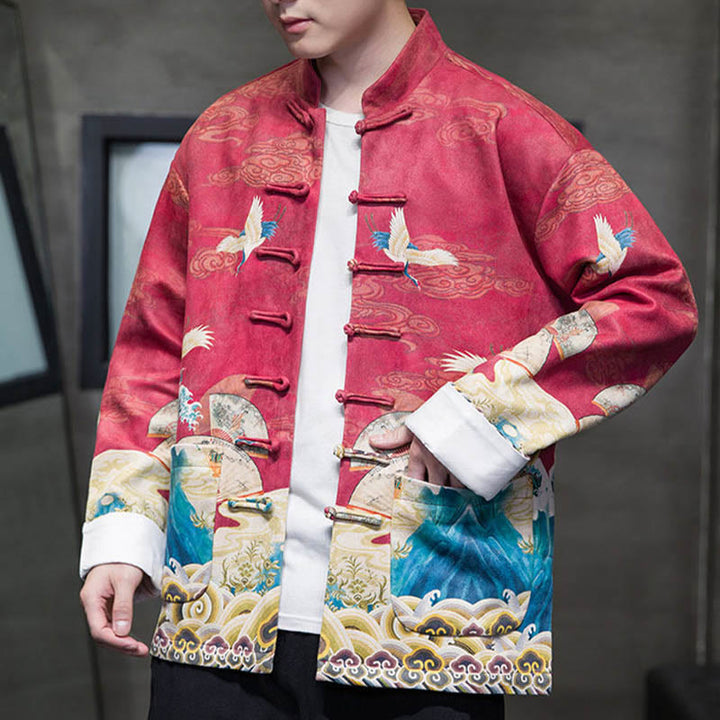 Buddha Stones, Frosch-Knopf, chinesischer Tang-Anzug, Kranich-Charakter, langes Hemd, Baumwolle, Wildleder, Herrenjacke, Kleidung - image 20