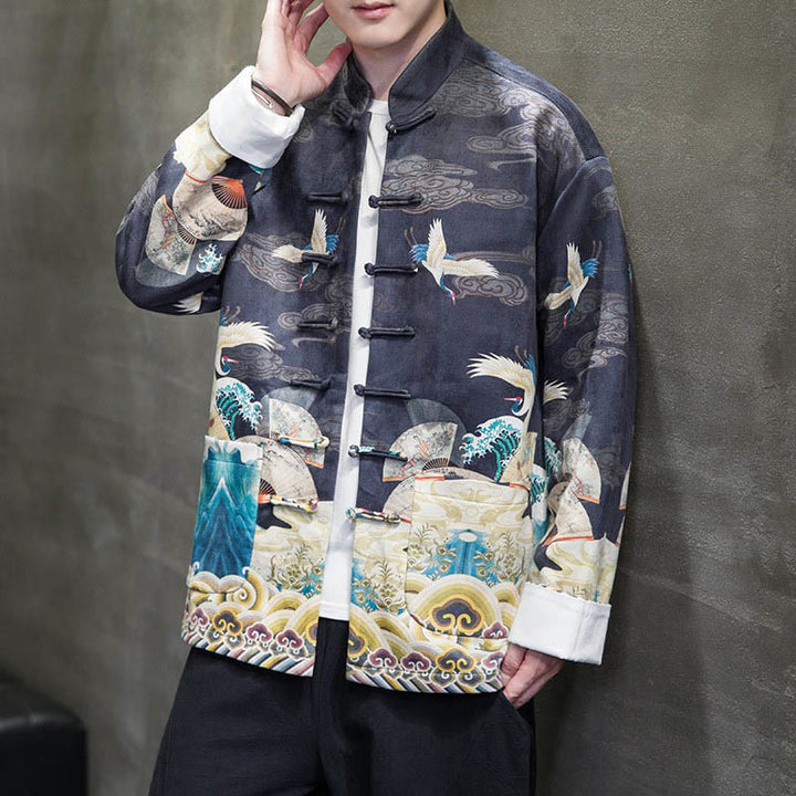 Buddha Stones, Frosch-Knopf, chinesischer Tang-Anzug, Kranich-Charakter, langes Hemd, Baumwolle, Wildleder, Herrenjacke, Kleidung - image 15