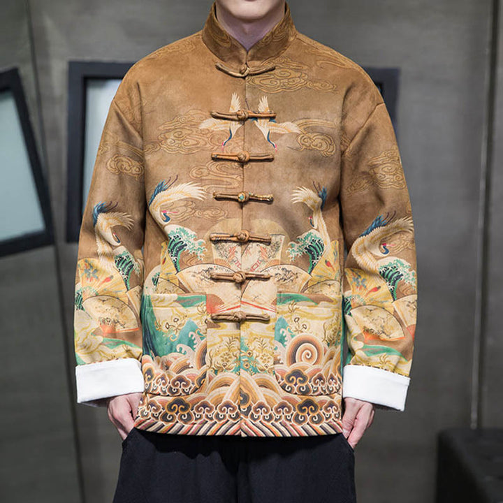 Buddha Stones, Frosch-Knopf, chinesischer Tang-Anzug, Kranich-Charakter, langes Hemd, Baumwolle, Wildleder, Herrenjacke, Kleidung - image 4