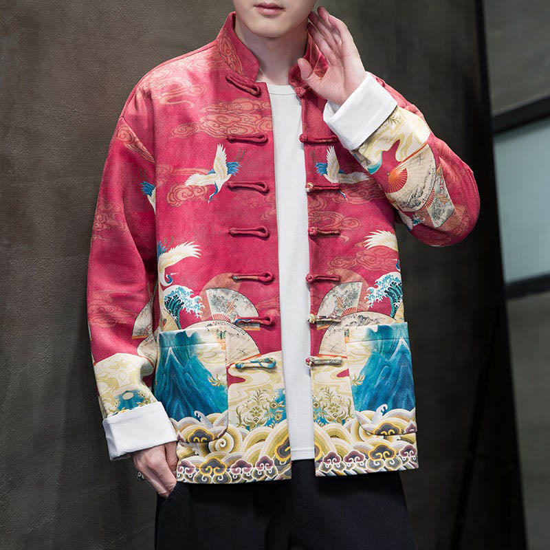 Buddha Stones, Frosch-Knopf, chinesischer Tang-Anzug, Kranich-Charakter, langes Hemd, Baumwolle, Wildleder, Herrenjacke, Kleidung - Purpurrot - US/ UK/AU46, EU56 (5XL) - image 16