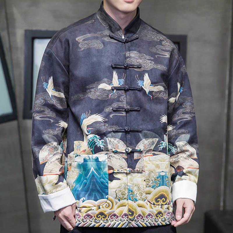 Buddha Stones, Frosch-Knopf, chinesischer Tang-Anzug, Kranich-Charakter, langes Hemd, Baumwolle, Wildleder, Herrenjacke, Kleidung - image 14