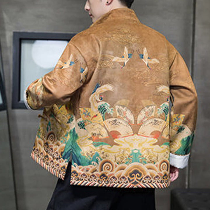 Buddha Stones, Frosch-Knopf, chinesischer Tang-Anzug, Kranich-Charakter, langes Hemd, Baumwolle, Wildleder, Herrenjacke, Kleidung - image 2