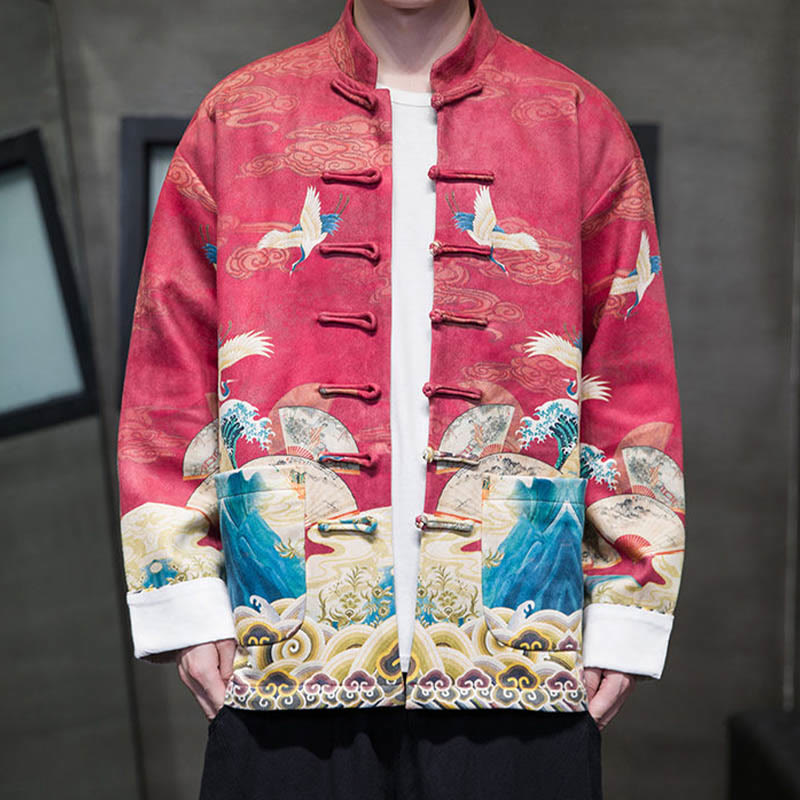 Buddha Stones, Frosch-Knopf, chinesischer Tang-Anzug, Kranich-Charakter, langes Hemd, Baumwolle, Wildleder, Herrenjacke, Kleidung - image 21