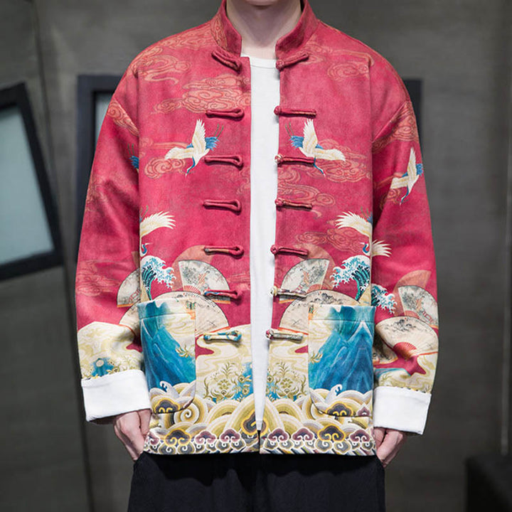 Buddha Stones, Frosch-Knopf, chinesischer Tang-Anzug, Kranich-Charakter, langes Hemd, Baumwolle, Wildleder, Herrenjacke, Kleidung - image 21